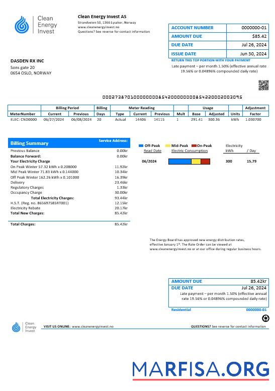 Blank Norway Clean Energy Invest AS business utility bill template in Word and PDF formats, good for address prove
